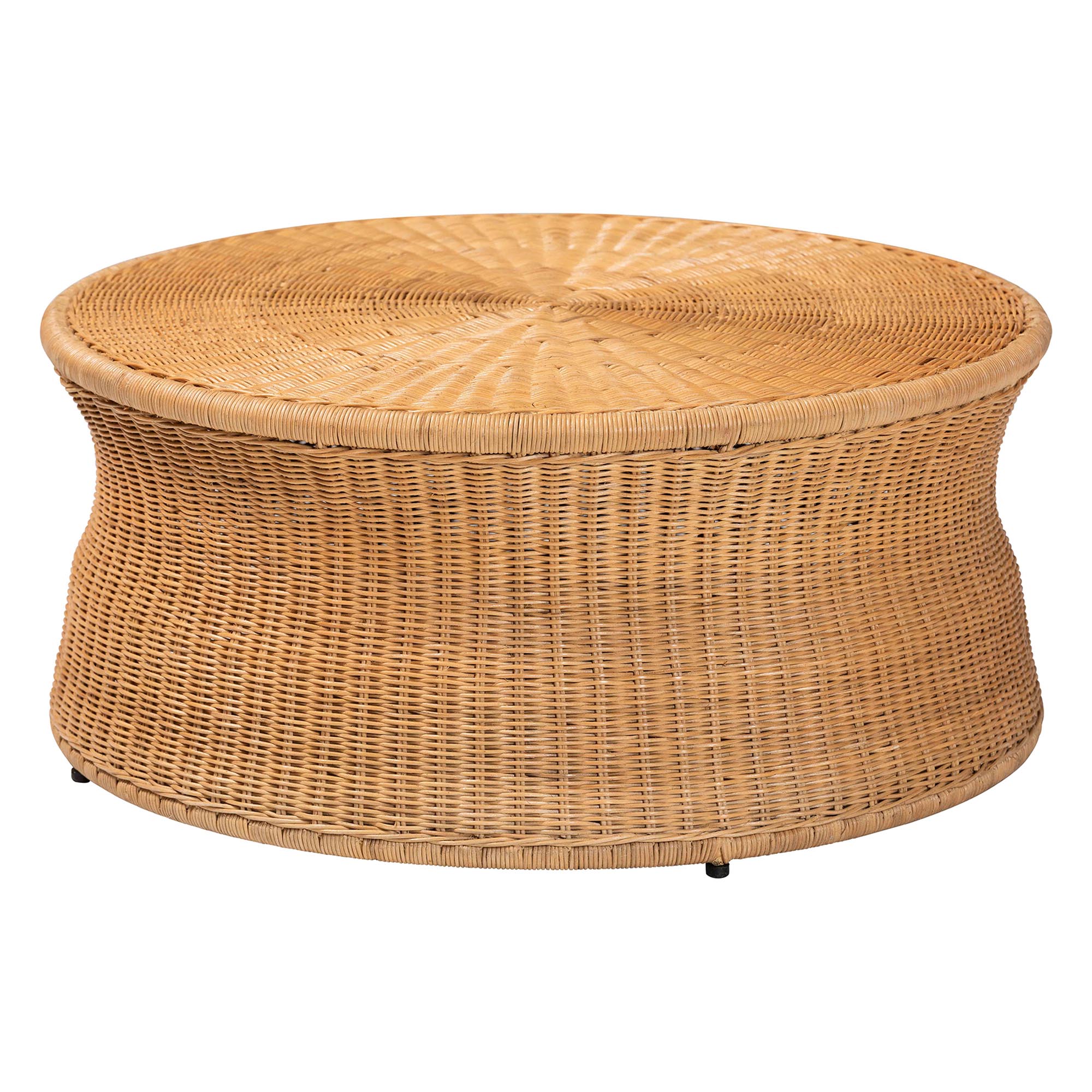 bali & pari Caroline Round Natural Rattan Coffee Table - Handwoven Wicker Drum Shape Accent Table for Living Room or Sunroom, Light Honey Affordable modern furniture in Chicago, classic living room furniture, modern coffee table, cheap coffee table